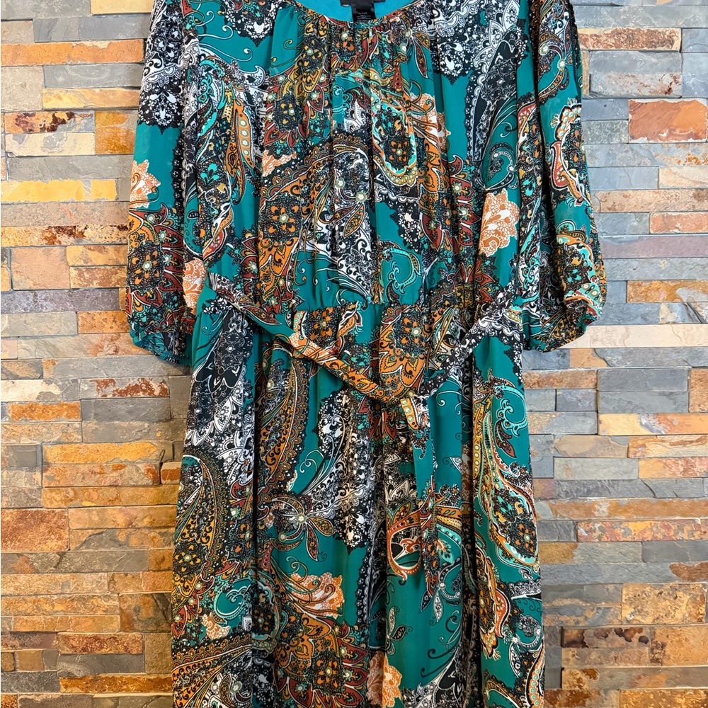 Enfocus Studio Teal and Orange Paisley Long Sleeve Dress